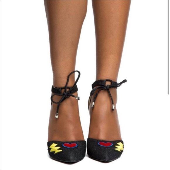 Cape Robin Denim Sandals Patches Block Denim Heels Strappy Ankle Point Toe 8 - Picture 3 of 13